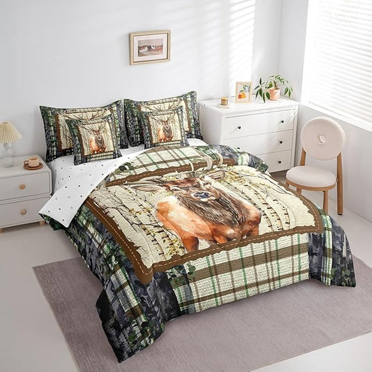 Erosebridal Elk Deer Bed in a Bag Queen Comforter Set 7 Piece,Woodland Animals Bedding Sets Buffalo Plaid Sheet Set with Comforter