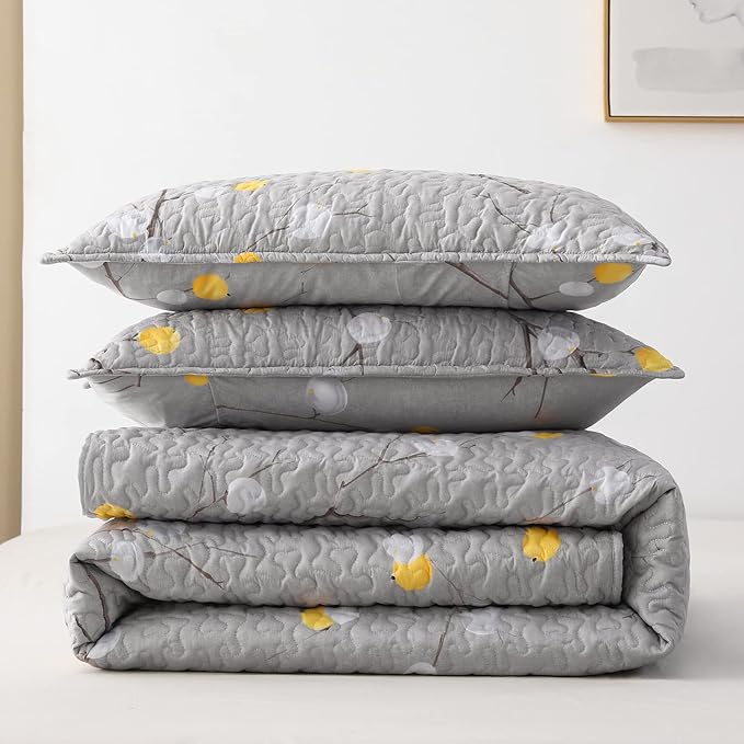 DURLENGEN Quilt Set California King Size 3Pcs,Grey Branch with Dot Pattern,Soft Microfiber Lightweight Bedspread for All Season Layering(112x104,Botanical Grey)