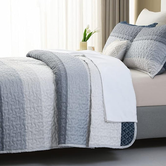 DURLENGEN Quilt Set California King Size 3Pcs,Soft Microfiber Lightweight Bedspread,Blue & Navy Striped Geometric Pattern Coverlet for All Season Layering(Cal King 112x104, Blue Patchwork)