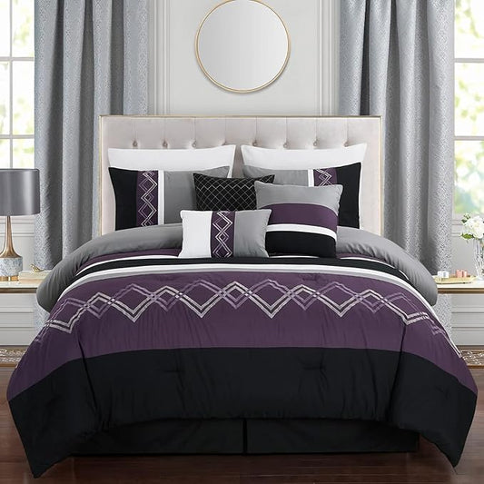 Chezmoi Collection Arden 7-Piece Modern Pleated Stripe Embroidered Zigzag Bedding Comforter Set (Oversized King, Purple/Black/Gray/White)