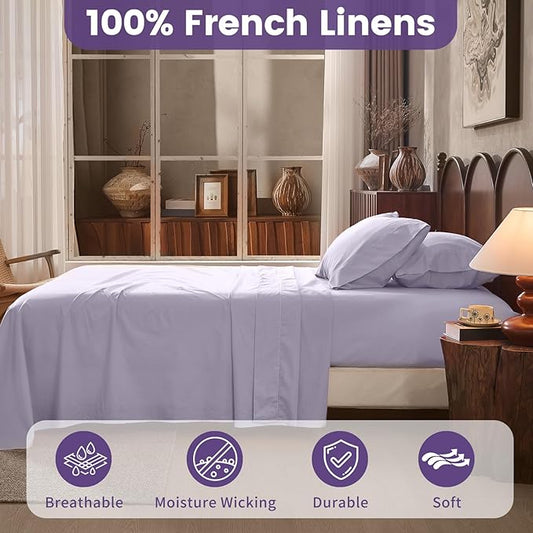 100% Linen Sheets California King Size,Breathable & Durable 4-Piece Bed Flax Sheet Set,Soft All-Season Bedding for Hot Sleepers 16" Deep Pocket Oeko-TEX Certified,(Cal King, Light Purple)