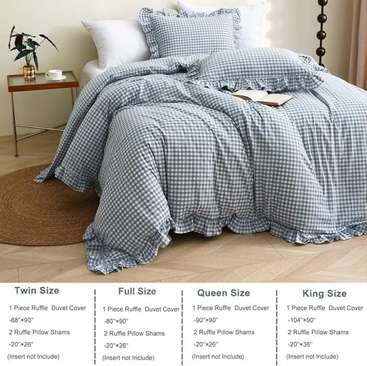 Light Blue/White Plaid Ruffle Duvet Cover Full Size,100% Washed Cotton 3 Pieces Shabby Checkered Chic Gingham Bedding Set Comforter Cover Set