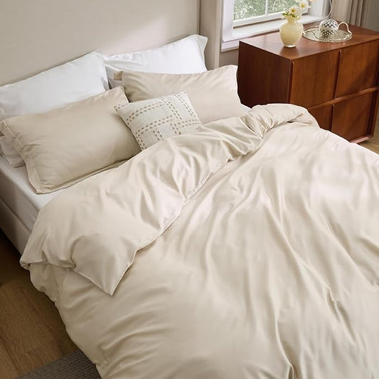 Bedsure Cooling Duvet Cover King Size - Moisture Wicking and Silky Eucalyptus Lyocell Cotton Hybrid Comforter Cover Set for Hot Sleeper - Buttery Soft and Breathable, GentleSoft™, Beige Bedding Set