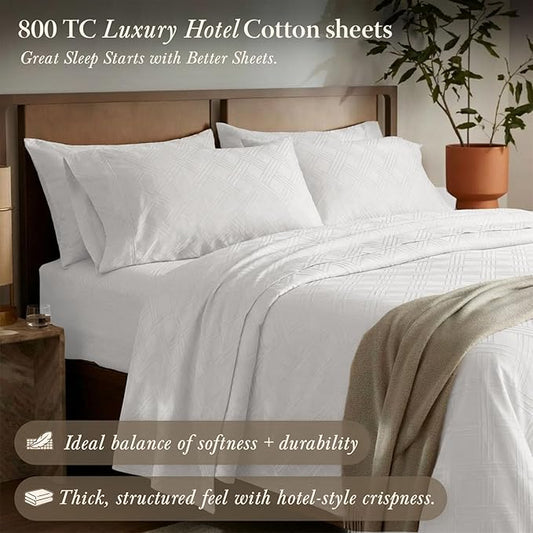 Threadmill Luxury 100% Cotton Full Bed-Sheets - 800 Thread Count Jacquard Celine Hotel White, Better Than Egyptian Cotton,4 Pc Striped Bed Set, Damask Sheets with 16" Deep Pocket