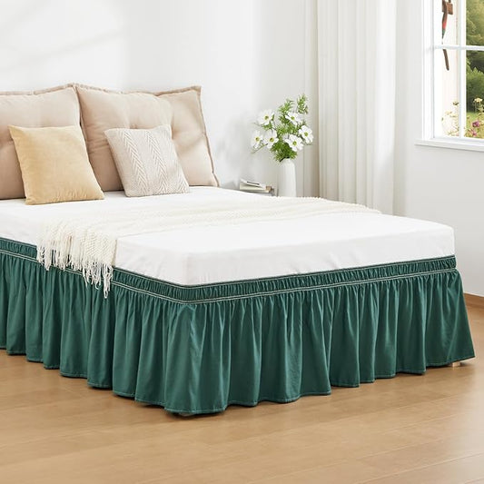 RIMELA Emerald Green Bed Skirt King Size 15 Inch Drop, Wrap Around Elastic Bedskirt, Dust Ruffle for Adjustable Bed Base Machine Washable Easy to Install Bed Skirts,Christmas Bedroom Decor