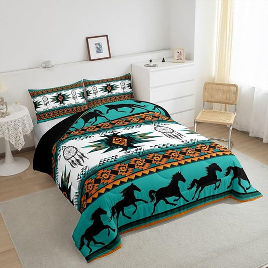 Feelyou Boho Comforter Set Queen Size Southwestern Native Aztec Comforter Bohemian Dream Catchers Bedding Set Horses Duvet Set Room Decor Azure Quilt Set