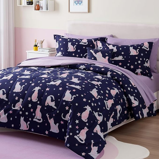 Full Size Comforter Set for Girls-4 Pieces Cat Patterns Full Bedding Set with 1 Comforter, 1 Decor Pillow &2 Pillow Shams