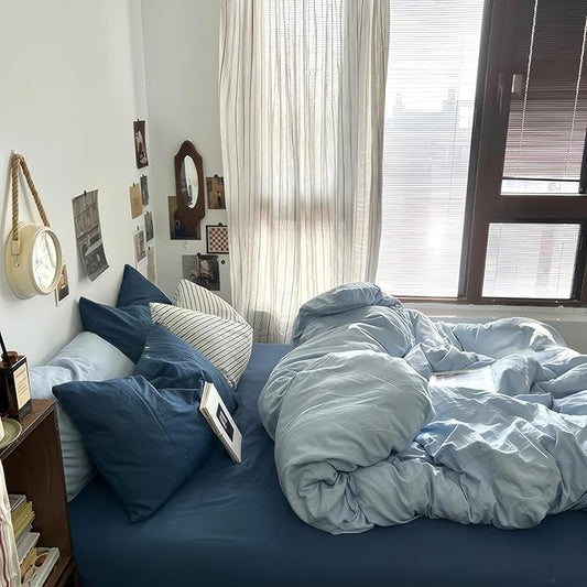 mixinni 100% Washed Cotton Duvet Cover Set Queen Size, Solid Light Blue Ocean Themed Chic Bedding, Soft Breathable Minimalist Comforter Cover with Zipper Closure & Corner Ties-Queen Size