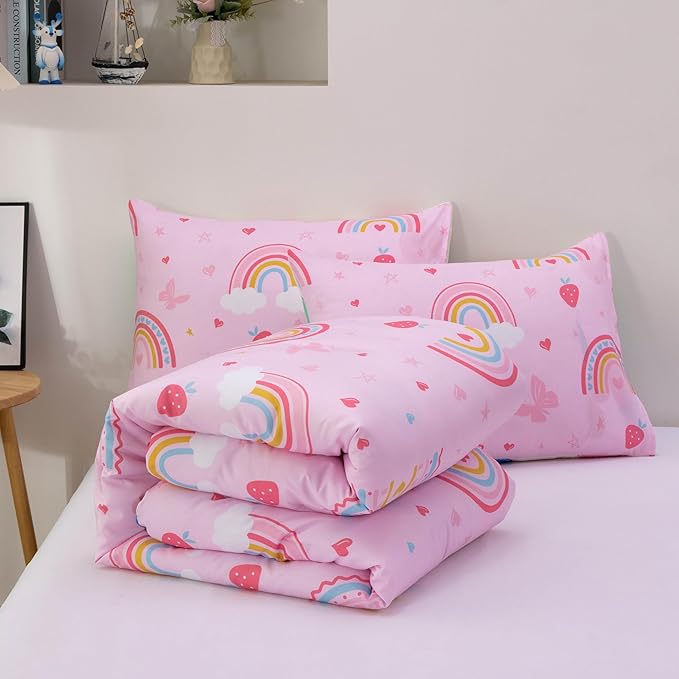 Btargot Lightweight Soft 3 Piece Rainbow Comforter Set with 2 Pillow Covers, Cartoon Butterfly Leaves Flowers Bedding Set for Girls Boys Kids, Full Pink