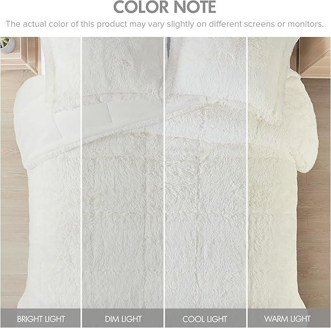 Intelligent Design Malea Shaggy Comforter Set, Long Faux Fur Cozy Down Alternative, Modern Casual Ultra Soft All Season Fluffy Bedding with Matching Sham, King/Cal King, Ivory 3 Piece