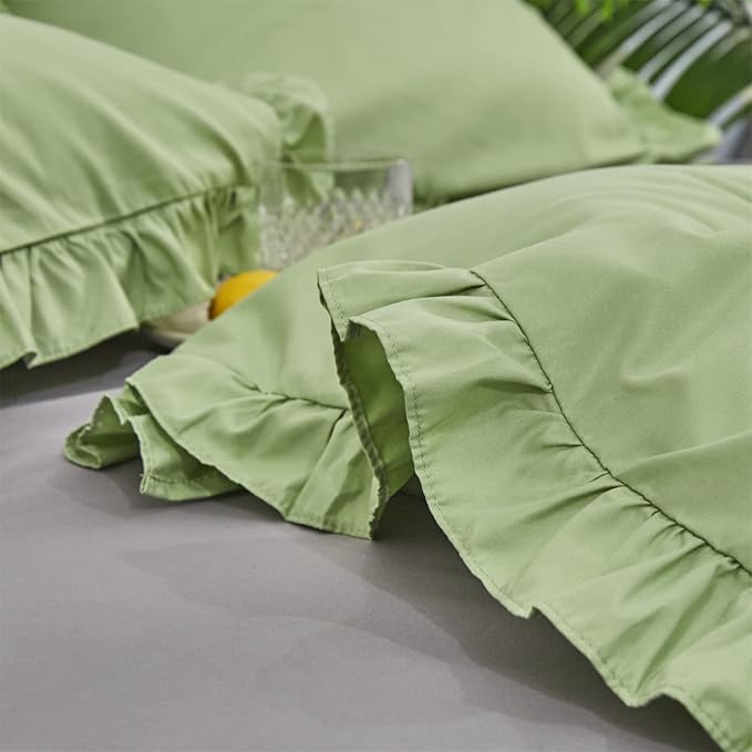 CLOTHKNOW Green Ruffle Queen Comforter Set Farmhouse Bedding Comforter Sets Sage Green Shabby Chic Comforter with 2 x Pillowcases