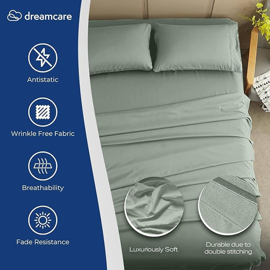 DREAMCARE Full Size Sheets Set - 4 Pcs Cooling Bed Sheets with Up to 15" Deep Pockets - Soft, Long-Lasting 100% Brushed Polyester with Side Pocket (Sage Green)
