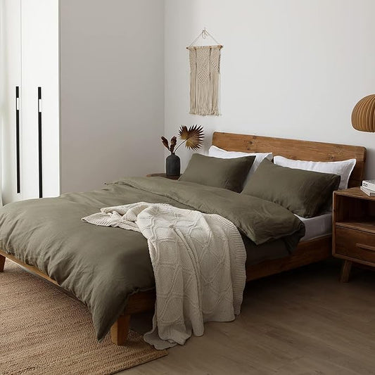 XZ XIFA Olive Green 100% Linen Queen Size Bedding Set, Cooling Duvet Cover with Natural Washed French Flax,Soft,Breathable,Textured,Fluffy Duvet Cover (1 Duvet Cover,2 Pillow Shams)