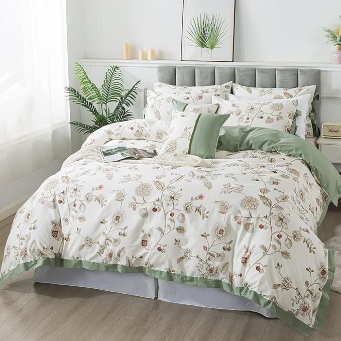 FADFAY Floral Bedding Set Queen 100% Cotton Shabby and Chic Beige Green Reversible Duvet Cover Vintage Pink Flower Print Bed Covers Luxury Girls Pretty Bowknot Soft Crisp Zipper Comforter Cover 3Pcs