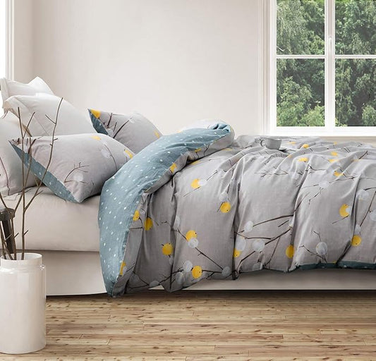 SLEEPBELLA Duvet Cover King, 600 Thread Count Cotton Grey Branch with Yellow Turquoise Polka Dot Pattern Green Reversible Comforter Cover(King, Grey Branches)