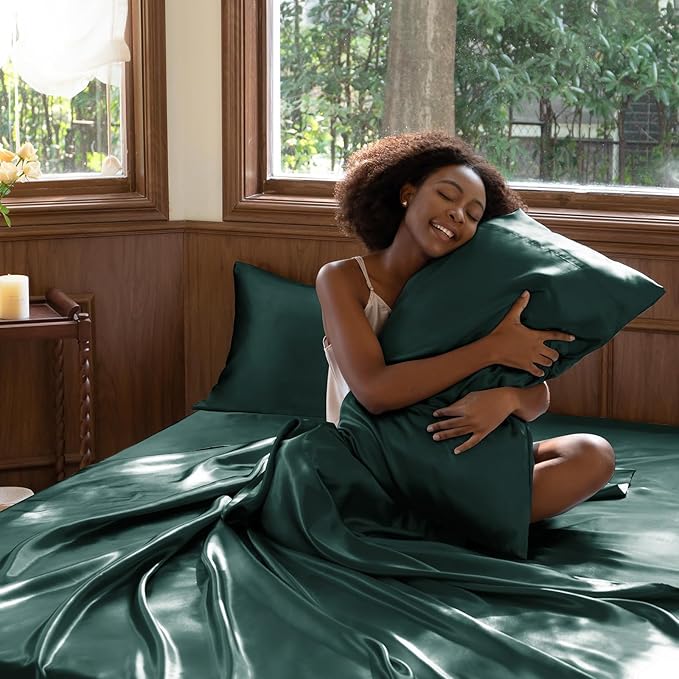 CozyLux Satin Sheets Queen Size Bed Set - 4 Piece Silky Queen Sheet Set, Luxury Deep Teal Queen Sheets with Smooth and Soft Microfiber, Includes 1 Fitted Sheet, 1 Flat Sheet and 2 Pillowcases