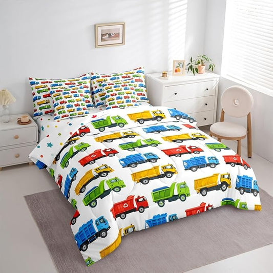 Colorful Garbage Truck Bedding Sets 7 Pcs Cartoon Car Recycling Truck Comforter Set Trash Trucks Decorative All Season Comforter Flat Sheet Fitted Sheet 2 Pillowcases 2 Throw Pillow Covers,Queen