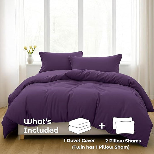 Pure Bedding Duvet Cover Queen Size - 3 Pieces Extra Soft Bedding Set, Includes 1 Duvet Cover 90x90 Inches with Zipper Closure & 2 Pillow Shams, Comforter Not Included, Purple