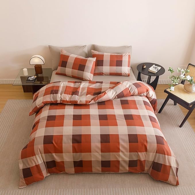 CLOTHKNOW Rust Khaki Plaid Comforter Set Twin 3Pcs Gingham Buffalo Bedding Sets Checker Comforter Soft Lightweight Fluffy