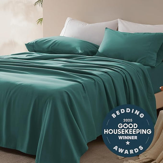 SLEEP ZONE Nanotex Super Soft Cooling Queen Bed Sheets Set 4 Piece - Easy Care Fitted Flat Sheet & Pillowcase Sets - Wrinkle Free, Fade Resistant, Deep Pocket 16" (Teal, Queen)