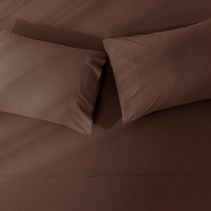 JIYUAN Full Size Sheet Set, 4-Piece - 100% Washed Cotton, Linen-Like Soft & Breathable, Includes Deep Pocket Fitted & Flat Sheet with 2 Pillowcases, Hotel Quality, Solid Chocolate Brown