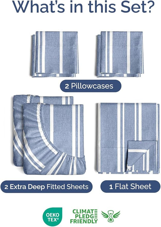 Extra Deep Split King Sheet Set - 7 Piece Breathable and Cooling Sheets - Hotel Luxury Bedding for Women, Men, Kids & Teens - Secure Fit - Soft and Wrinkle Free with Extra Deep Pockets - Blue Stripes
