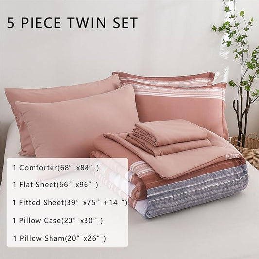 KAKIJUMN 5 Piece Bed in a Bag Stripe Comforter Set Twin Size, White Grey Blush Pink Patchwork Striped Comforter and Sheet Set, All Season Soft Microfiber Complete Bedding Sets(Pink,Twin)