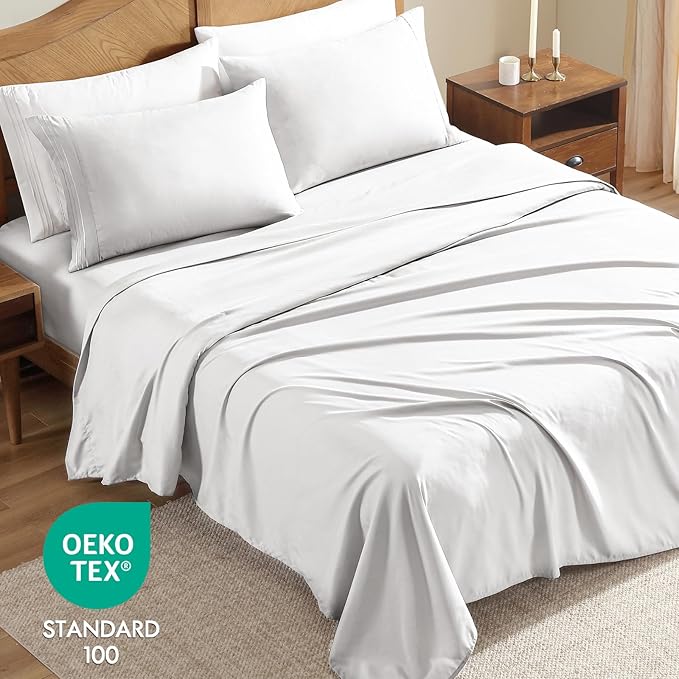 ClevaHome Sheet Set Queen Size, 4-Piece Bedding, Lightweight & Super Soft Easy Care Microfiber– Shrinkage & Fade Resistant Bedding Set with 14'' Deep Pockets (Pearl White)