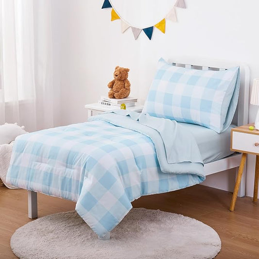 Wake In Cloud - Gingham Toddler Bedding Set for Girls Boys, Cute Plaid Buffalo Check, 4 Pieces Soft Crib Bed Set Including Comforter, Sheets and Pillowcase, Light Blue