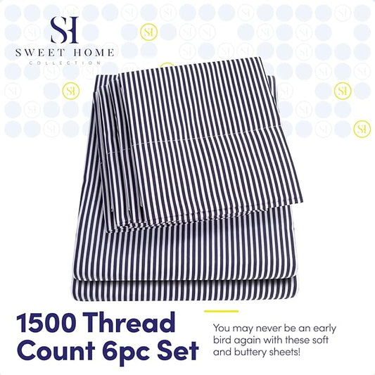 Full Size Bed Sheets - 6 Piece 1500 Supreme Collection Fine Brushed Microfiber Deep Pocket Full Sheet Set Bedding - 2 Extra Pillow Cases, Great Value, Full, Classic Stripe Navy