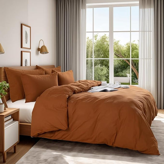 NEXHOME PRO Terracotta Burnt Orange Duvet Cover Set King Size Linen Textured Organic Natural 100% Washed Cotton Duvet Cover Fall Caramel 3 Pieces Bedding Set with Zipper Closure, Soft(No Comforter)