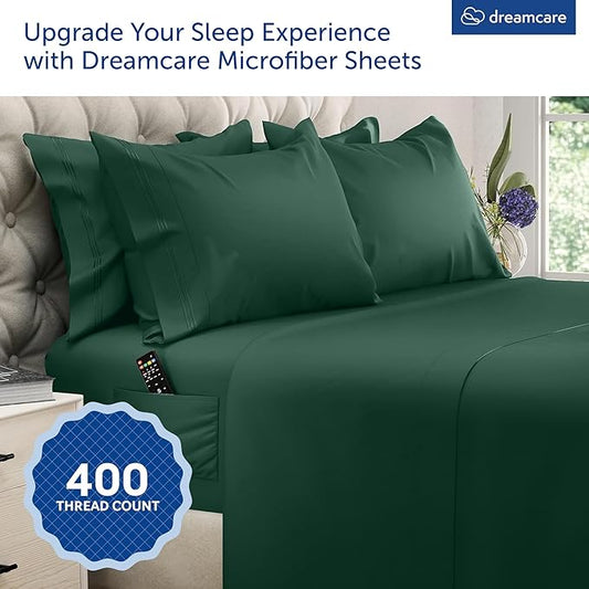 DREAMCARE Queen Sheet Set โ 6 pcs Cooling Bed Sheets โ up to 15โ Deep Sheets Queen Size Bed Set โ 2500 Supreme Collection โ Extra Soft 100% Brushed Microfiber Hotel Luxury with Side Pocket โ E Green