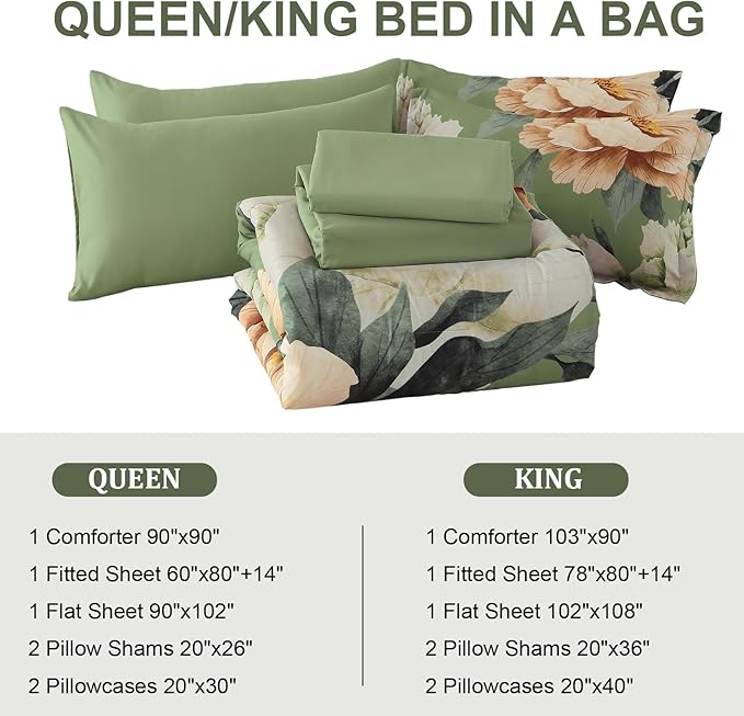 Dobuyly King Size Comforter Set 7 Piece Bed in a Bag, Olive Green Floral Comforter Set with Sheets, Soft Microfiber Botanical Flower Bedding Set for All Season