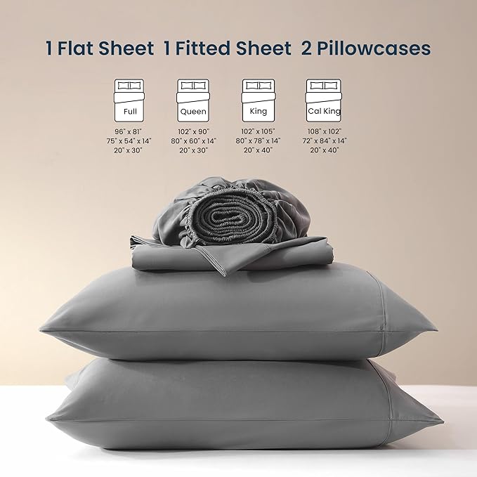 SLEEP ZONE Nanotex Super Soft Cooling Queen Bed Sheets Set 4 Piece - Easy Care Fitted Flat Sheet & Pillowcase Sets - Wrinkle Free, Fade Resistant, Deep Pocket 16" (Gull Gray, Queen)