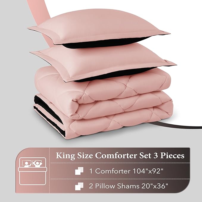 downluxe King Size Comforter Set - Pink and Black King Comforter, Soft Bedding Sets for All Seasons -3 Pieces - 1 Comforter (104"x92") and 2 Pillow Shams(20"x36")