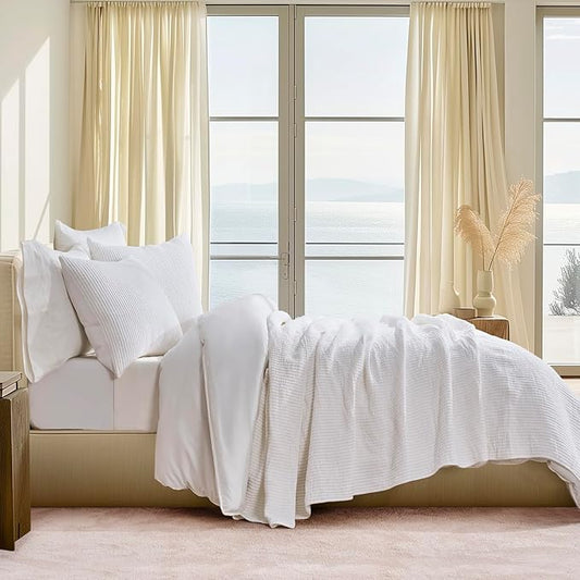 EVERGRACEHOME Cotton Coverlet Set Full Queen Size 3 Pieces, Lightweight Soft Ribbed Matelassรฉ Bedspread Quilt Set, Cozy Oversized Quilted Bedding Set with 2 Pillow Shams for All Seasons, Ivory White