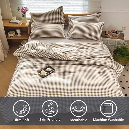 NSNLGSGC Twin Comforter Set, Tan Gingham Bedding Sets, Brown Grid Bed Comforter 2 Pieces (1 Comforter, 1 Pillowcase)