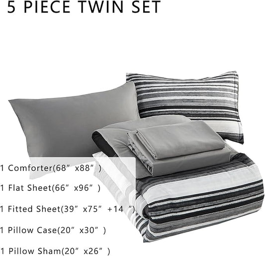 KAKIJUMN 5 Piece Bed in a Bag Stripe Comforter Set Twin Size, White Grey Black Patchwork Striped Comforter and Sheet Set, All Season Soft Microfiber Complete Bedding Sets(Grey,Twin)