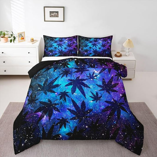 Erosebridal Leaves Comforter Set Teens Galaxy Bedding Set Full for Women Men Youth Soft Chic Purple Blue Duvet Set Room Decor Quilt Set
