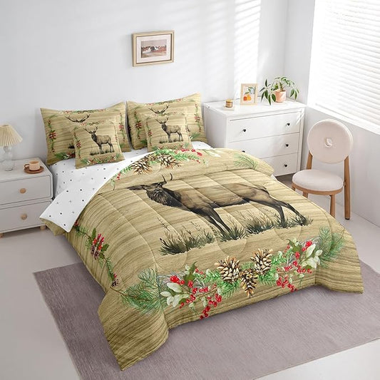 Reindeer Bed in a Bag King Size Comforter Set 7 Pieces,Woodland Animals Bedding Sets Rustic Elk Deer Moose Sheet Set with Comforter