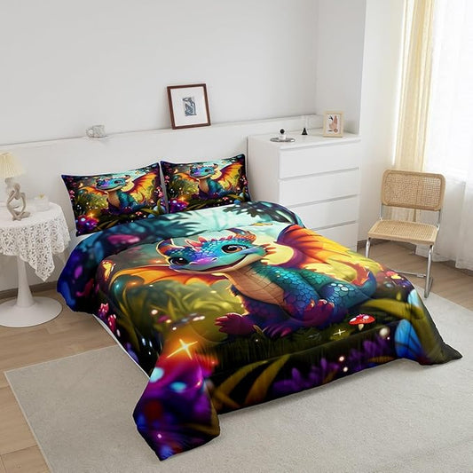 Castle Fairy Cartoon Dragon Bedding Set King Size Polka Dot Mushroom Comforter Set for Kids Teens Room Decor Cute Western Dragon Duvet Insert Fantasy Jungle Butterfly Down Comforter Set,3Pcs