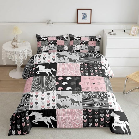 Girls Unicorn Comforter King Girly White Horse Bedding Western Cowboy Cowgirls Quilt Patchwork Buffalo Plaid Duvet Insert Arrow Stripes Wild Animal Soft Down Comforter 3Pcs Bedroom Decor,Pink Black
