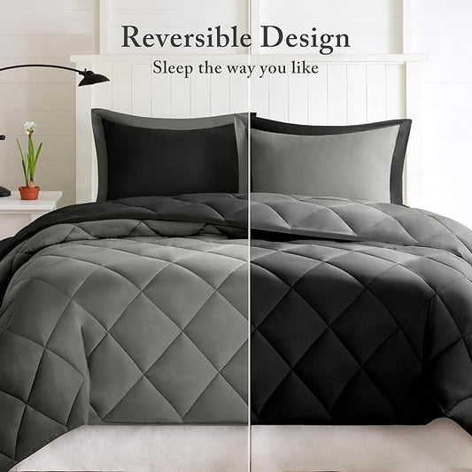 Madison Park Comforter Set, Reversible Down Alternative All Season Microfiber Bedding, 3M Scotchgard Stain Release, Twin/Twin XL Dorm Comforter, Black/Grey