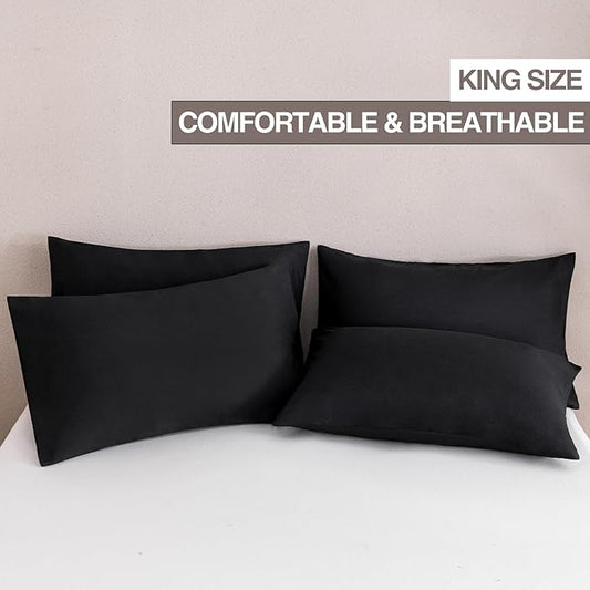 MINIPANDA Black King Size Pillow Cases Set of 4 - Super Soft, Smooth and Breathable Pillow Cases King - Envelope Design - Machine Washable Lightweight (20X40 Inches (4 Piece))