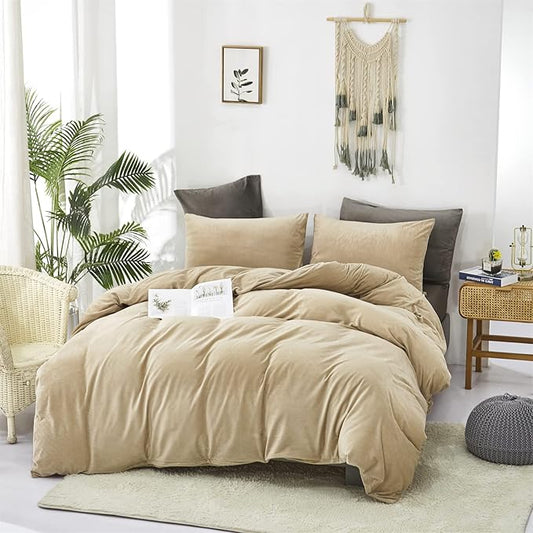 Luxlovery Cream Coffee Velvet Comforter Set King Beige Khaki Flannel Bedding Comforter Minimalist Bedding Set Solid Dark Champagne Blanket Quilts Heavyweight Winter Taupe Color Comforter for King Bed