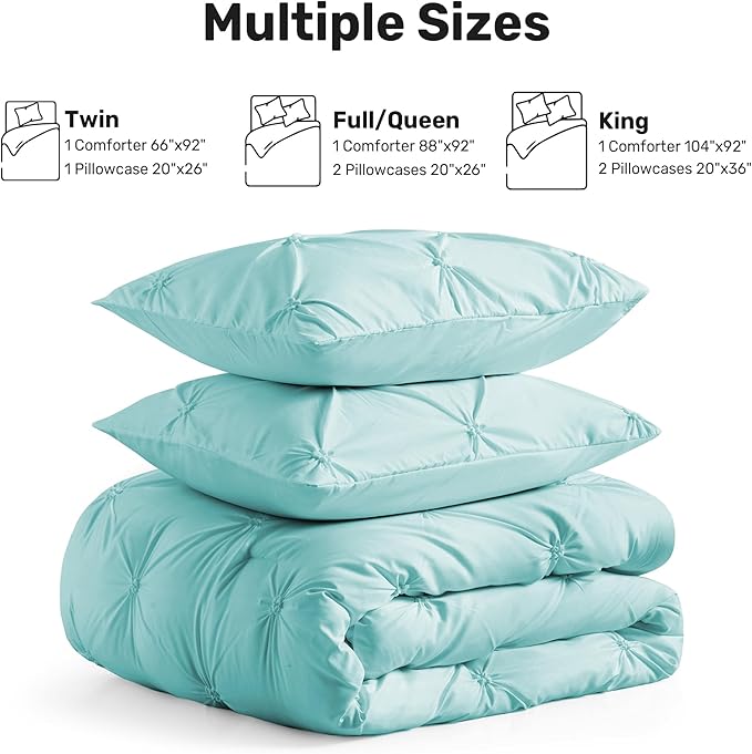 UNIKOME King Size Comforter Set Aqua Blue - Ultra Soft Boho Pintuck Down Alternative Bedding Set for All Seasons, 3 Pieces Lightweight Warm Pinch Pleat Bed Set with Comforter, 2 Pillowcases