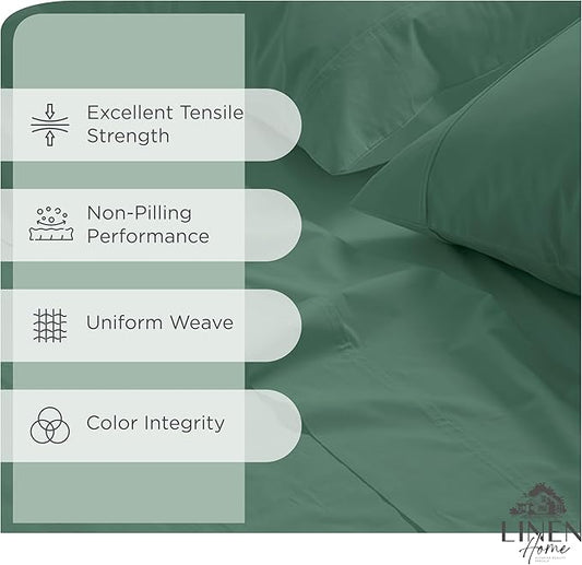 Linen Home 100% Cotton Percale Sheets Twin Size, Frosty Green, Deep Pocket, 3 Pieces Set - 1 Flat, 1 Deep Pocket Fitted Sheet and 1 Pillowcase, Crisp Cool and Strong Bed Linen