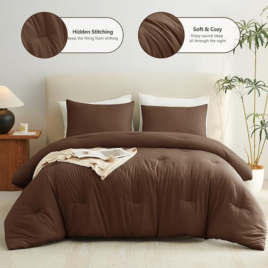 CozyLux Full Size Comforter Set Brown, 3 Pieces Solid Breathable Quilted Bedding Sets, Luxury Lightweight Soft Bed Set with Down Alternative Comforter and 2 Pillowcases for All Seasons