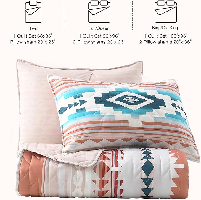 HORIMOTE HOME Southwestern Aztec Quilt Set Queen/Full Size - 3-Piece Tribal Geometric Pattern Bedspread with 2 Pillow Shams, Boho Rustic Bedding Set All Season Quilted Coverlet (Terracotta/Teal)