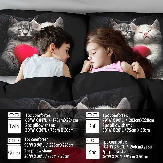 Cute Cat Comforter Set Full,Kawaii Cat Bedding Set for Girls,Cute Animal Comforter Red Love Heart Bedding Decor,Kawaii Farm Animal Quilt Patterns Kids and Adults